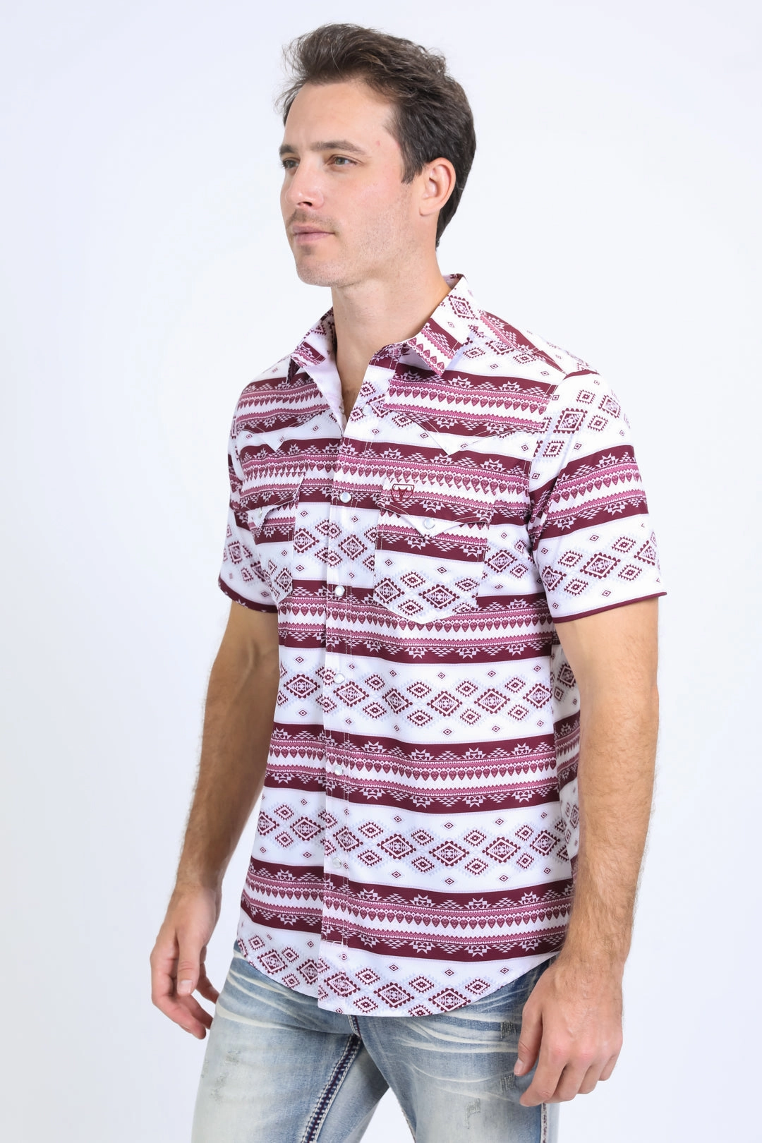 Dynamic Design Mens Performance Western Short Sleeve Aztec Print White Shirt