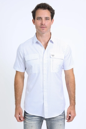 Trendy Fashion Mens Performance Western Short Sleeve Aztec Print White Shirt