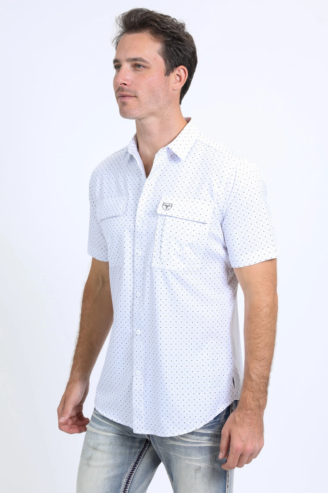 Comfy Fit Coffee Run Mens Performance Western Short Sleeve Aztec Print White Shirt