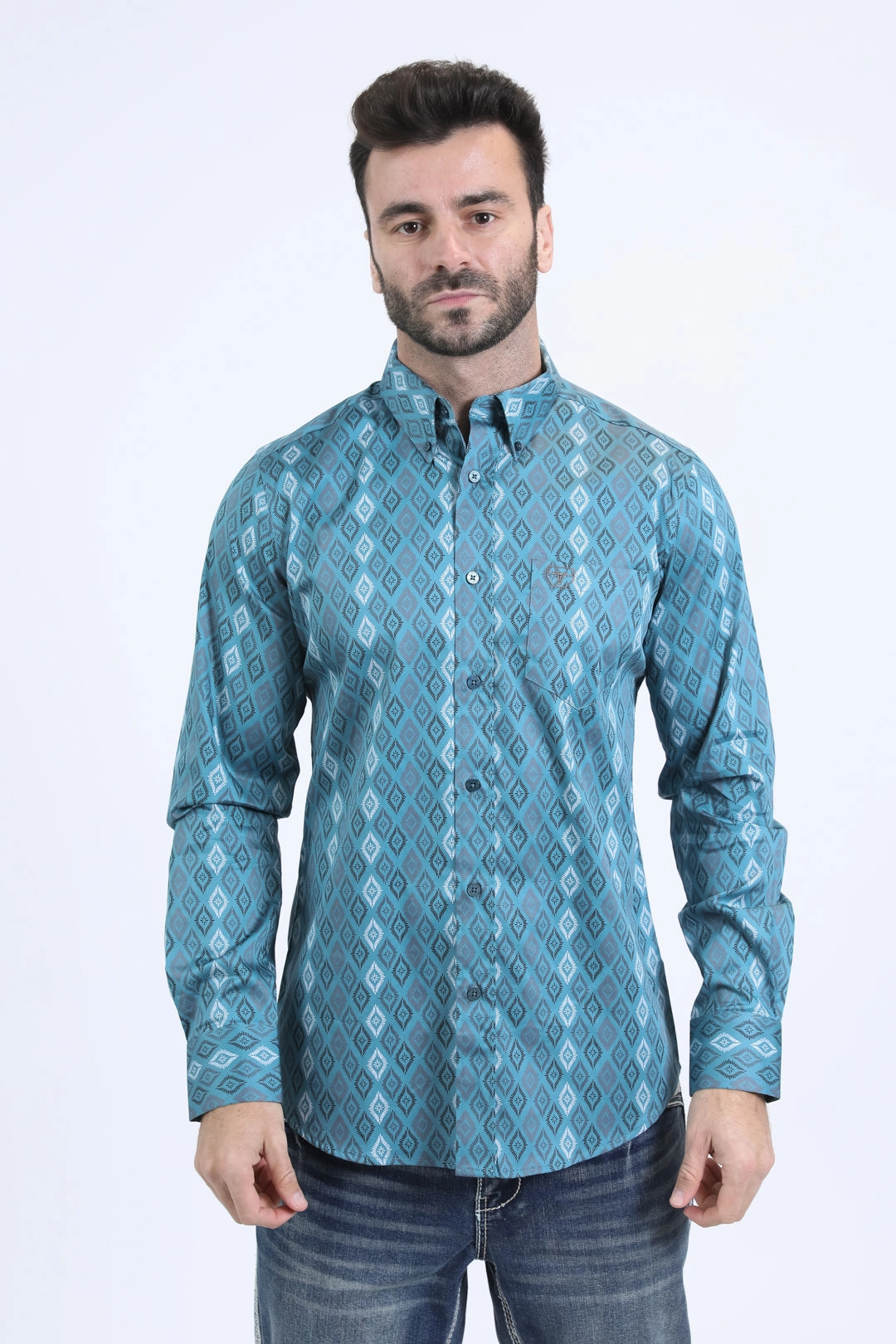 Minimalist Design Camouflage Print Mens Satin Cotton Modern Fit Navy Long Sleeve Turquoise Shirt