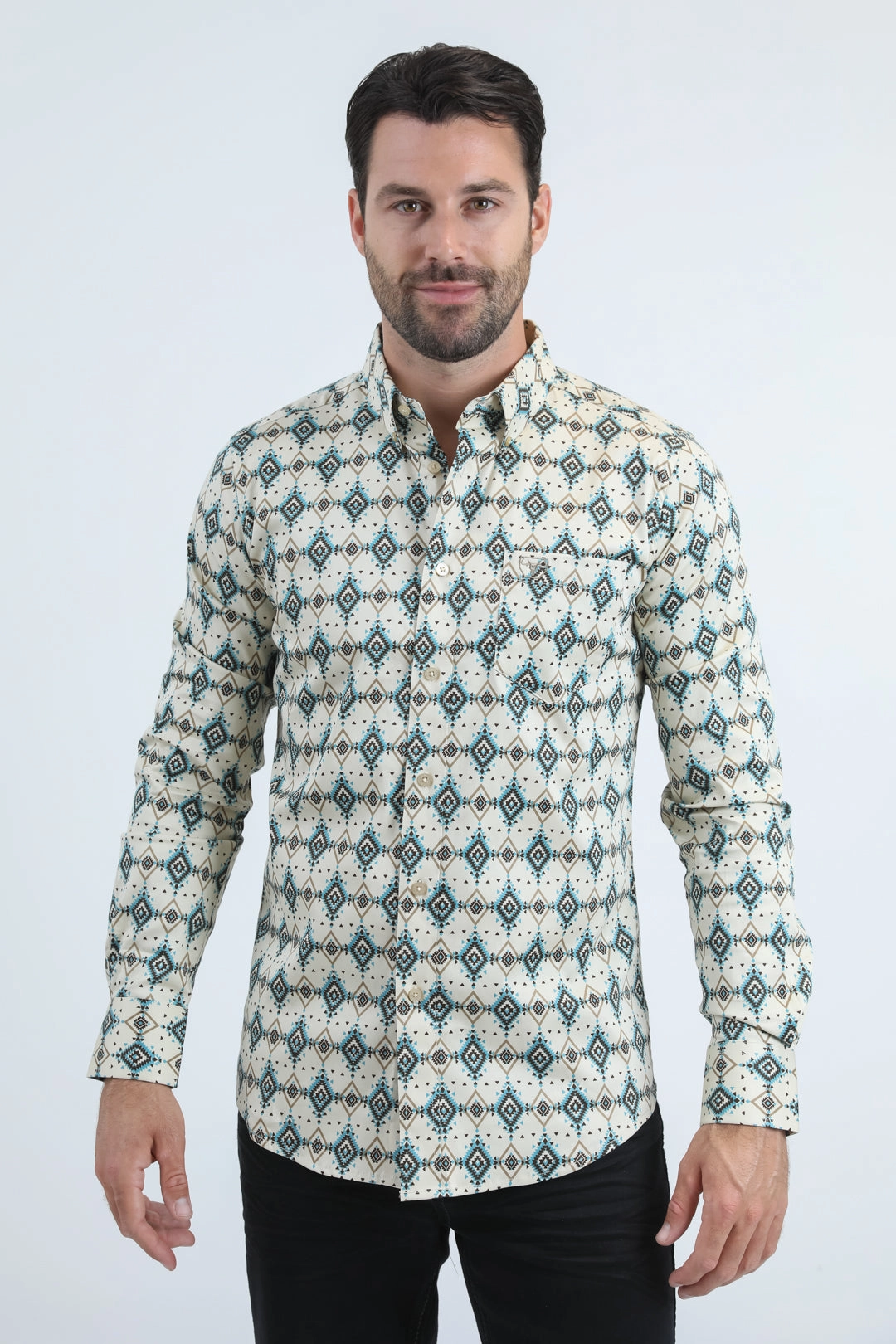 Comfort Wear Linen blend Mens Satin Cotton/Spandex Modern Fit Long Sleeve Beige Shirt