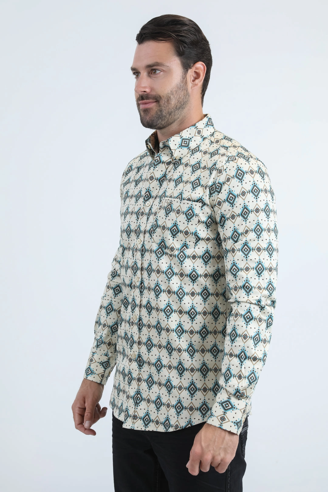 Mens Satin Cotton/Spandex Modern Fit Long Sleeve Beige Shirt Stretch Fit Technology