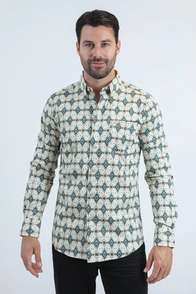 Comfort Wear Linen blend Mens Satin Cotton/Spandex Modern Fit Long Sleeve Beige Shirt