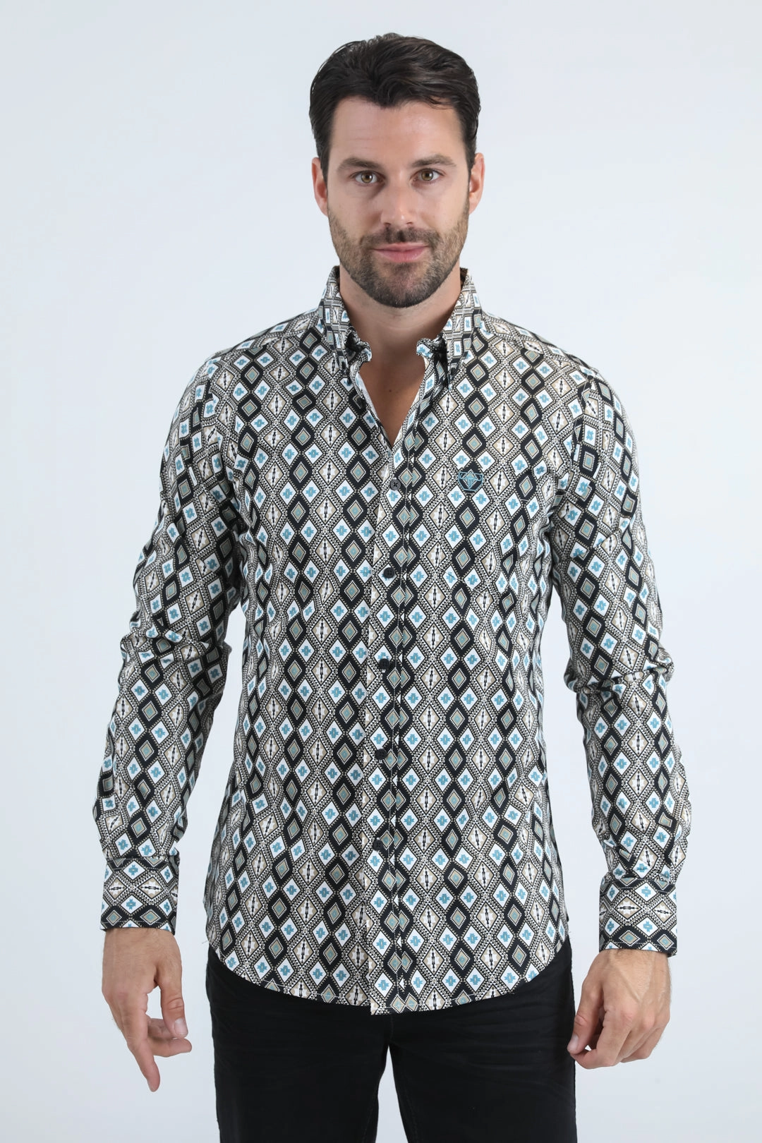 High-End Look Mens Satin Cotton/Spandex Modern Fit Long Sleeve Black Shirt