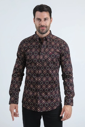 Mens Satin Cotton/Spandex Modern Fit Long Sleeve Black Shirt Bold Graphics Quality Wear
