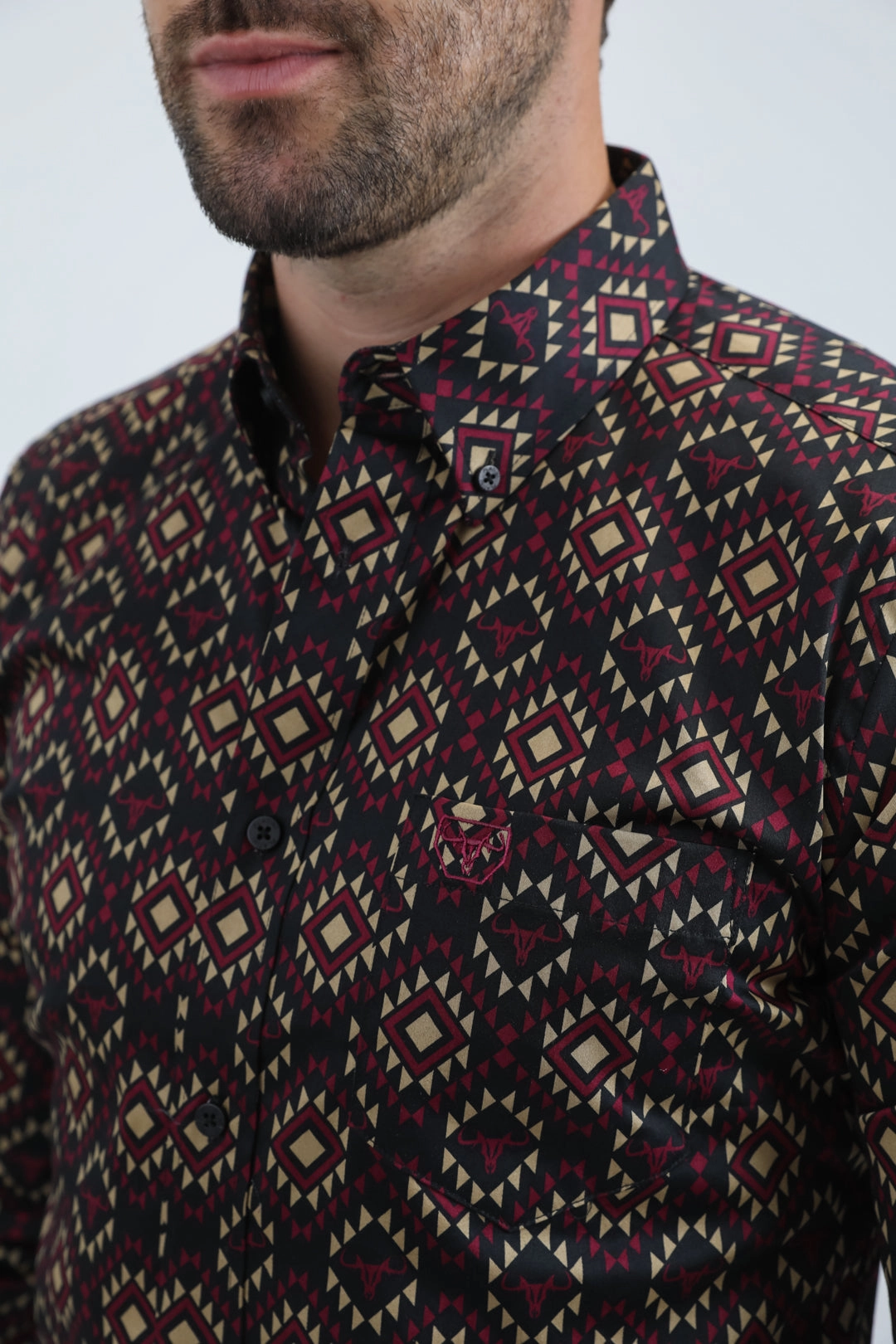 Mens Satin Cotton/Spandex Modern Fit Long Sleeve Black Shirt Geometric Print