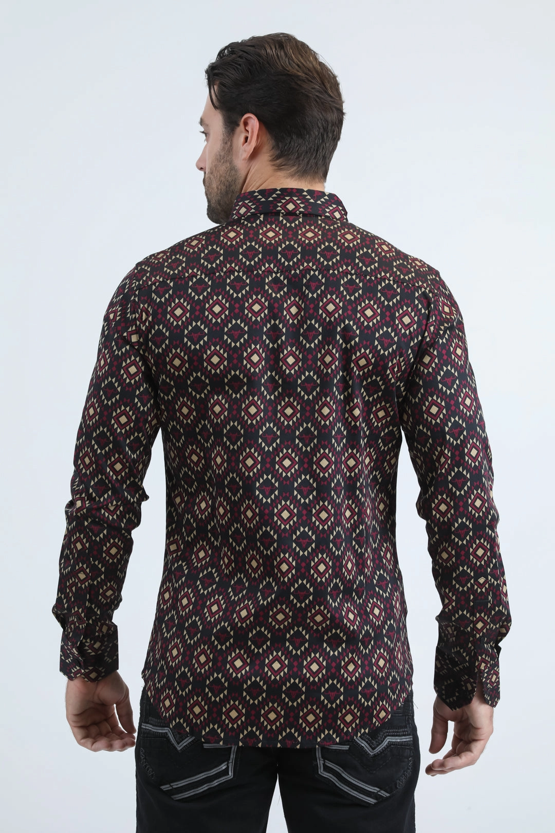 Mens Satin Cotton/Spandex Modern Fit Long Sleeve Black Shirt Printed design Textured Finish