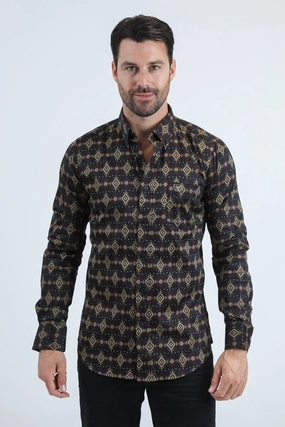 Non Restrictive Armhole Mens Satin Cotton/Spandex Modern Fit Long Sleeve Black Shirt