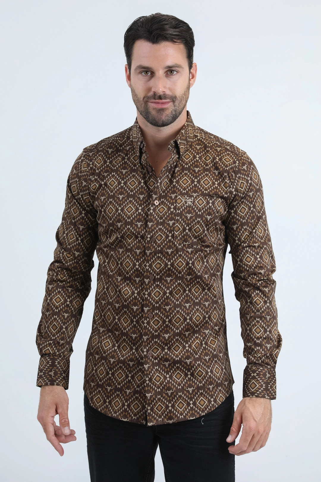 Mens Satin Cotton/Spandex Modern Fit Long Sleeve Brown Shirt Thermoregulating Fabric Sweat-Absorbing