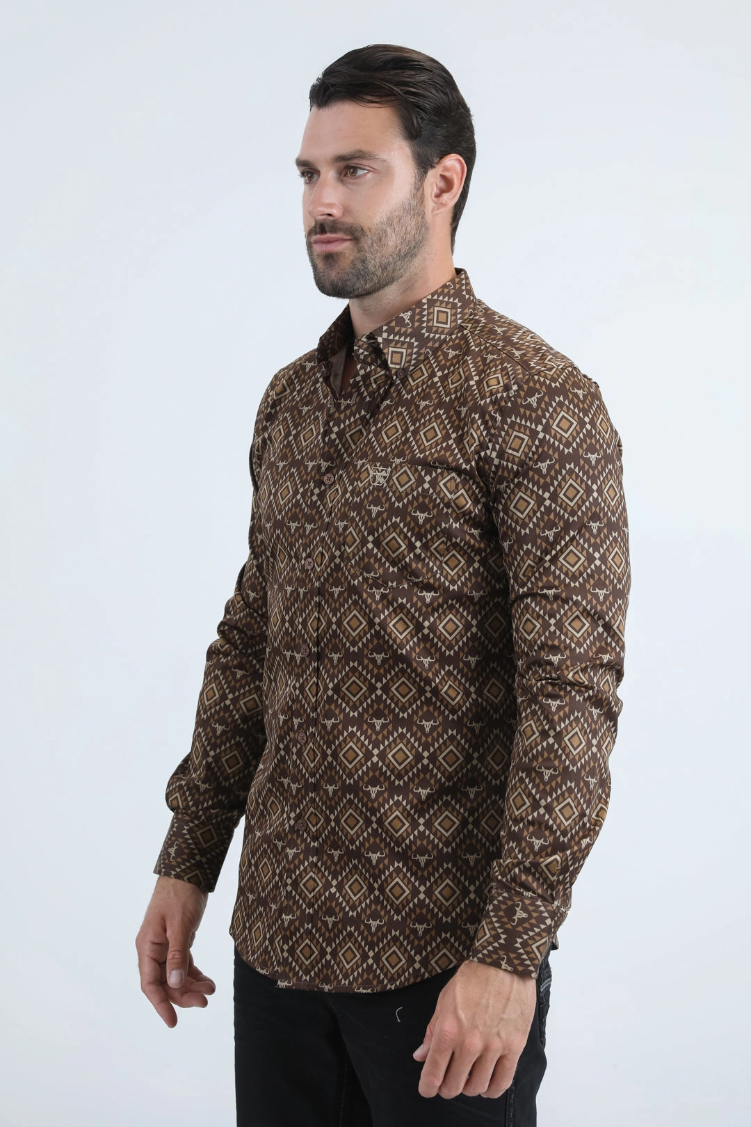 Mens Satin Cotton/Spandex Modern Fit Long Sleeve Brown Shirt Sustainable Weave