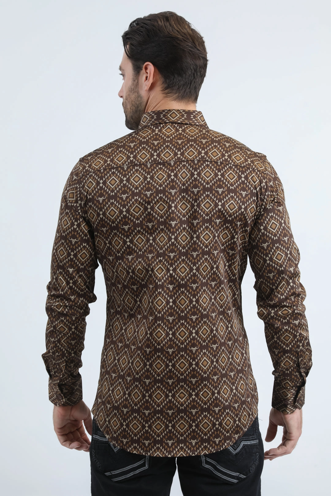 Mens Satin Cotton/Spandex Modern Fit Long Sleeve Brown Shirt Fashion Forward Design