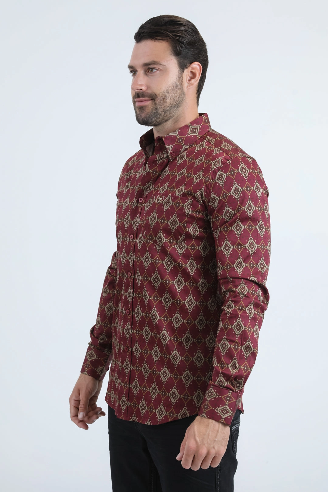 High-End Look Snag Resistant Fabric Mens Satin Cotton/Spandex Modern Fit Long Sleeve Burgundy Shirt