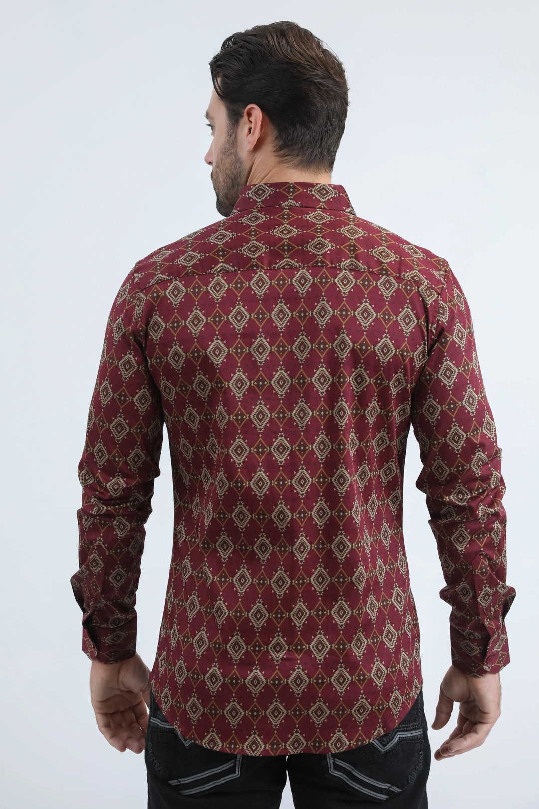 Mens Satin Cotton/Spandex Modern Fit Long Sleeve Burgundy Shirt Mountain Retreat