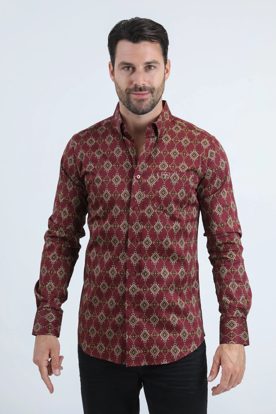 No Slip Shoulder Grip Mens Satin Cotton/Spandex Modern Fit Long Sleeve Burgundy Shirt