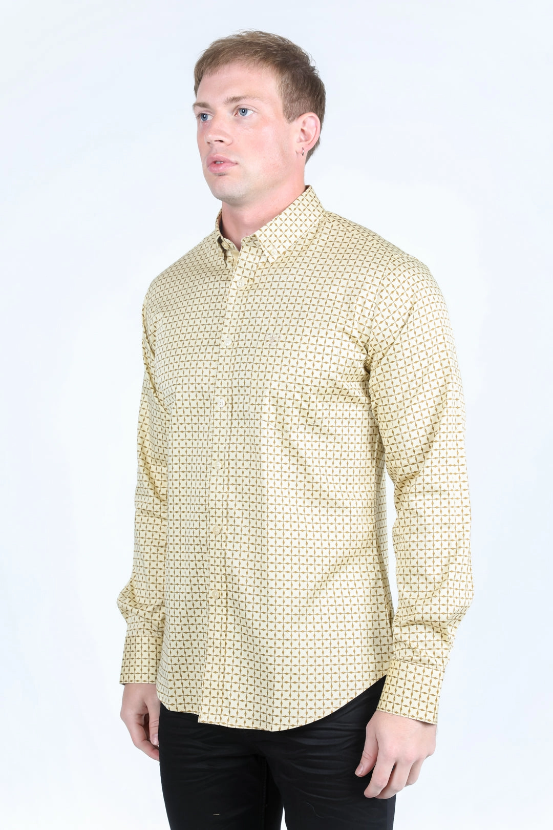 Mens Satin Cotton/Spandex Modern Fit Long Sleeve Shirt - Beige Essential Fit Workwear Casual