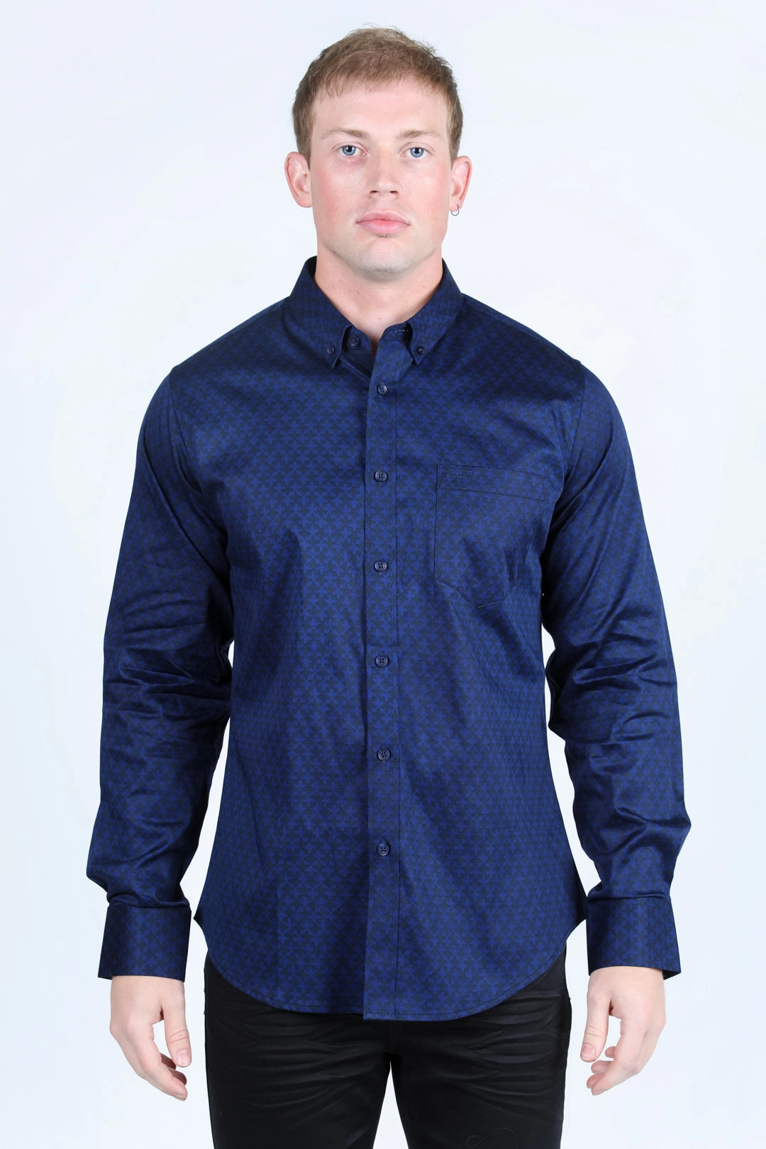 Mens Satin Cotton/Spandex Modern Fit Long Sleeve Shirt - Navy vacation wear