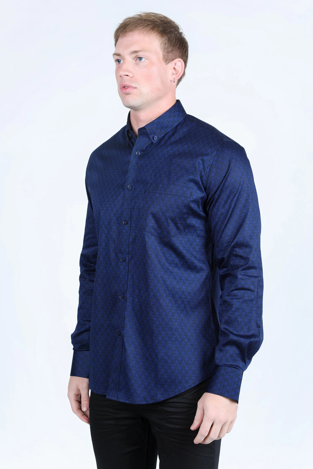 Mens Satin Cotton/Spandex Modern Fit Long Sleeve Shirt - Navy Sustainable Weave