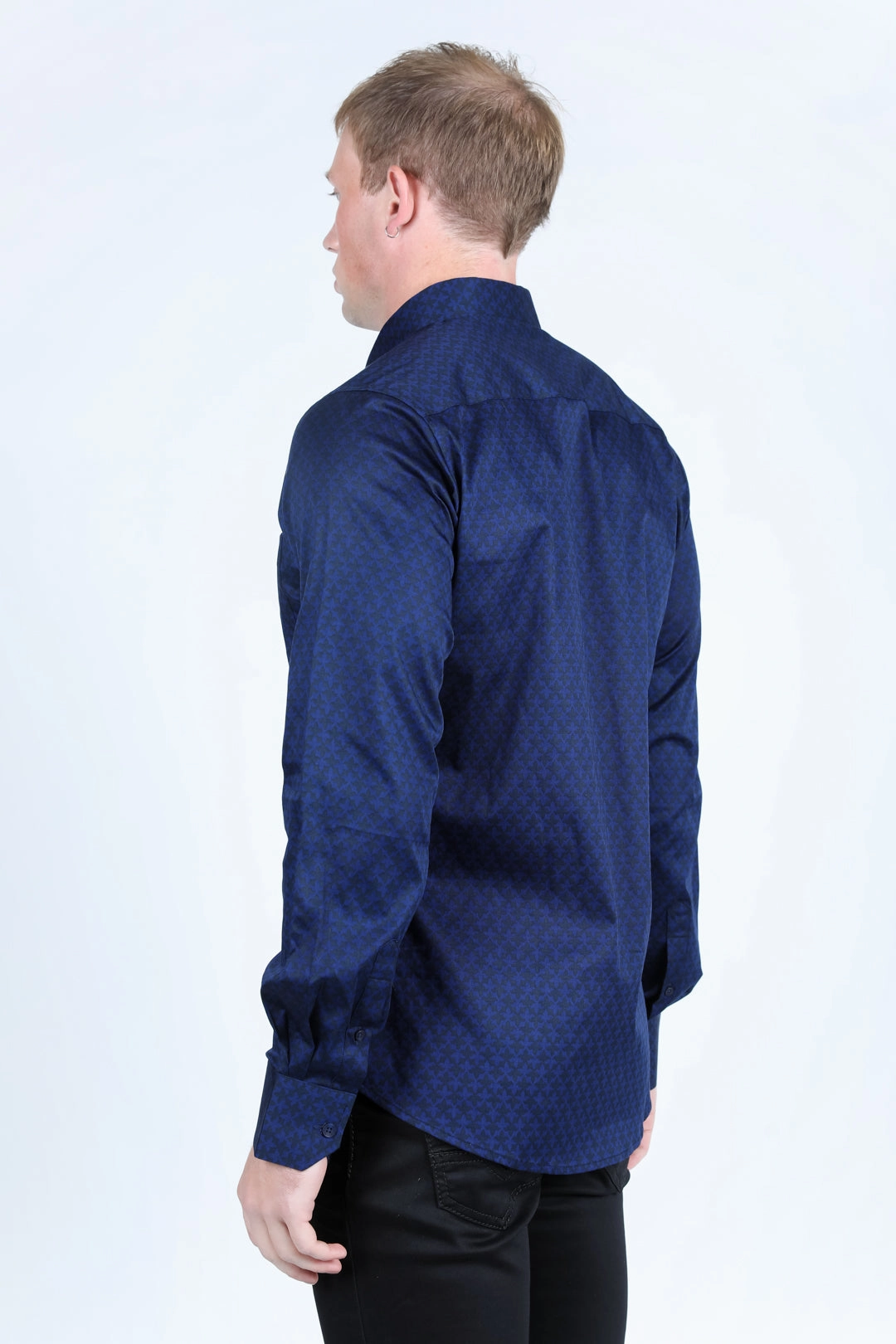 Mens Satin Cotton/Spandex Modern Fit Long Sleeve Shirt - Navy Sporty Design