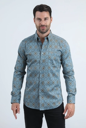 Streetwear Mens Satin Cotton/Spandex Modern Fit Long Sleeve Slate Shirt