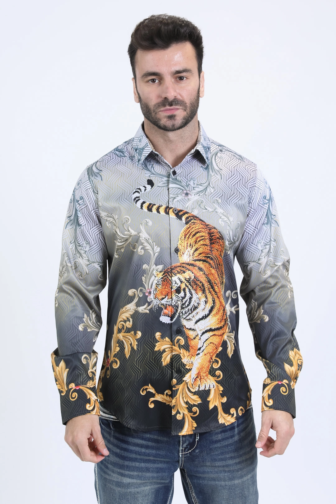 Sophisticated Style Mens Satin Digital Print Black Shirt with Rhinestones Applique