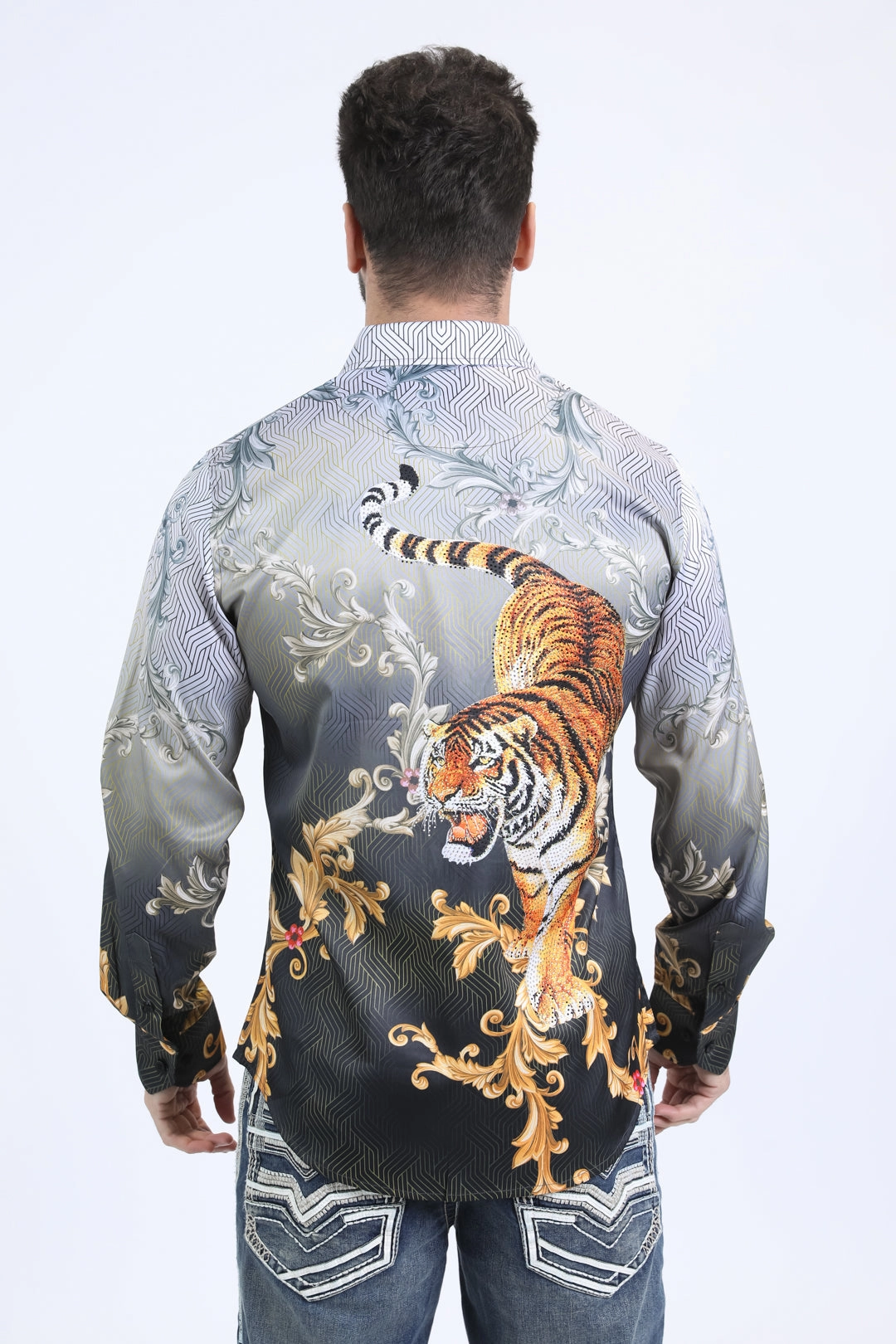 Mens Satin Digital Print Black Shirt with Rhinestones Applique Moisture Wicking Material