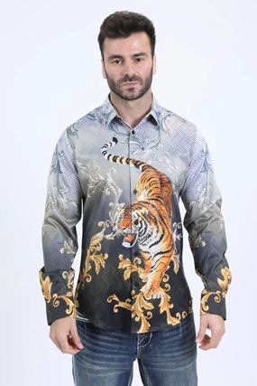 Sophisticated Style Mens Satin Digital Print Black Shirt with Rhinestones Applique