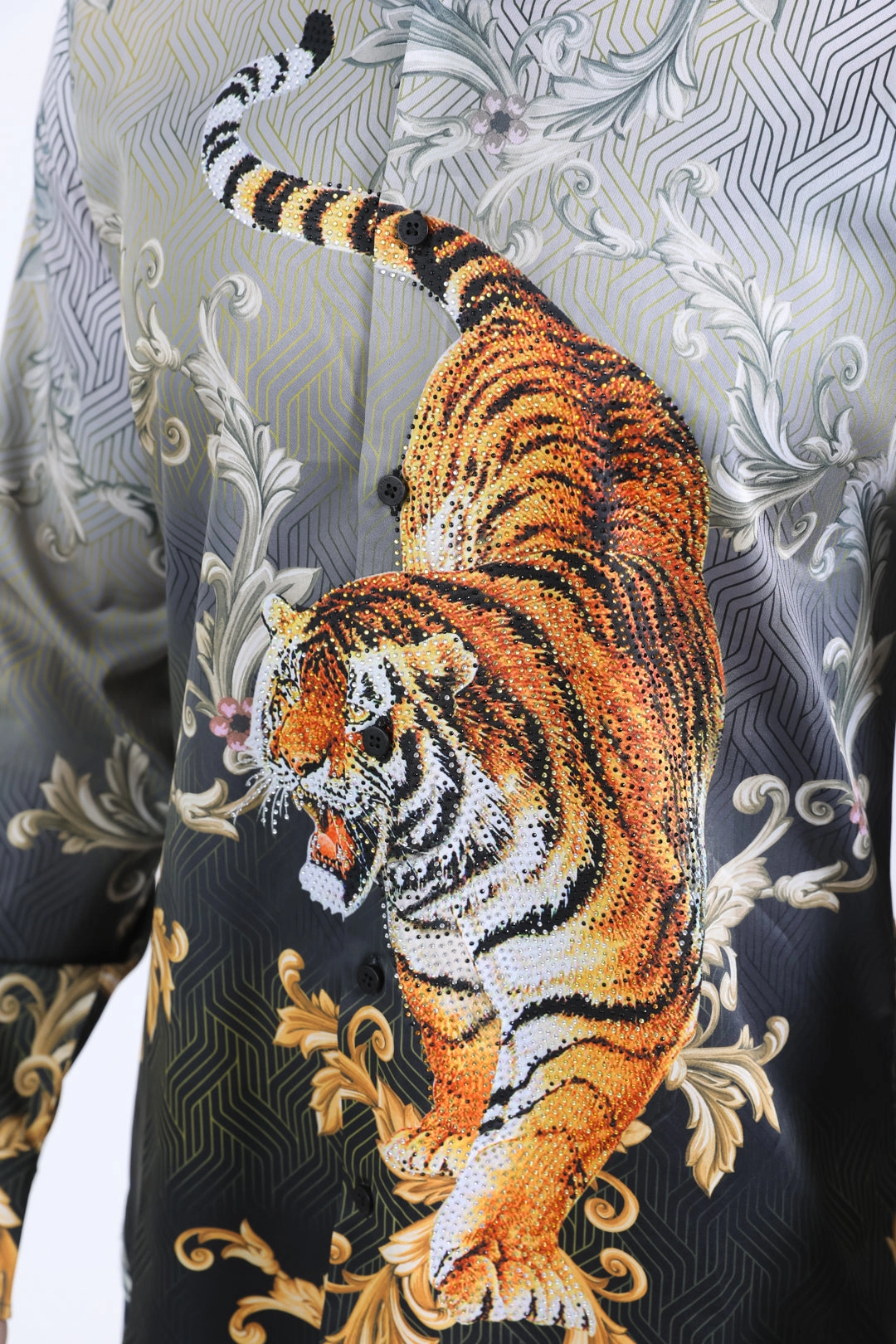 Sustainable Choice Mens Satin Digital Print Black Shirt with Rhinestones Applique