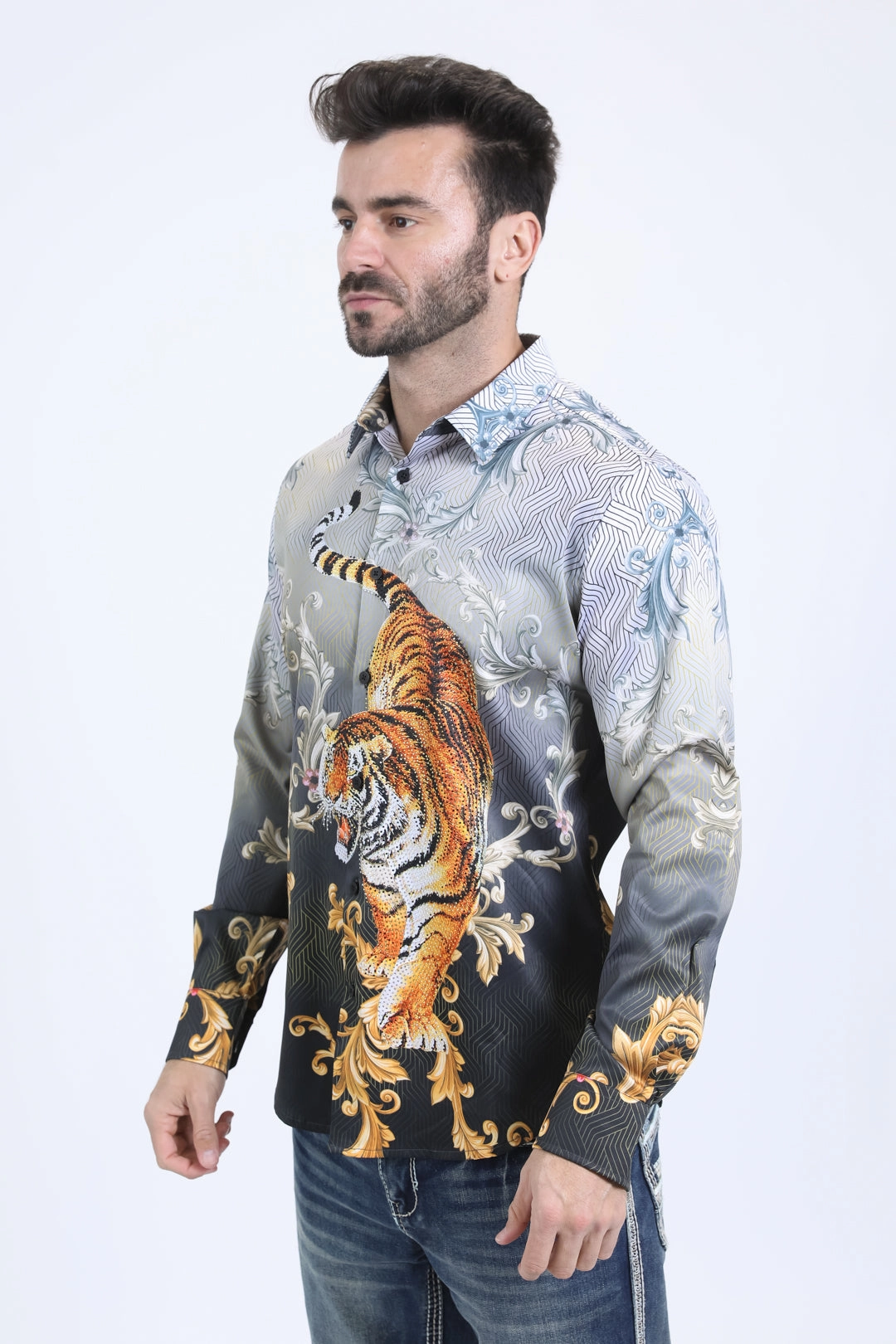Water Repellent Finish Autumn Look Mens Satin Digital Print Black Shirt with Rhinestones Applique