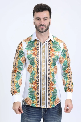 Mens Satin Digital Print White Shirt with Rhinestones Applique Comfy Wear