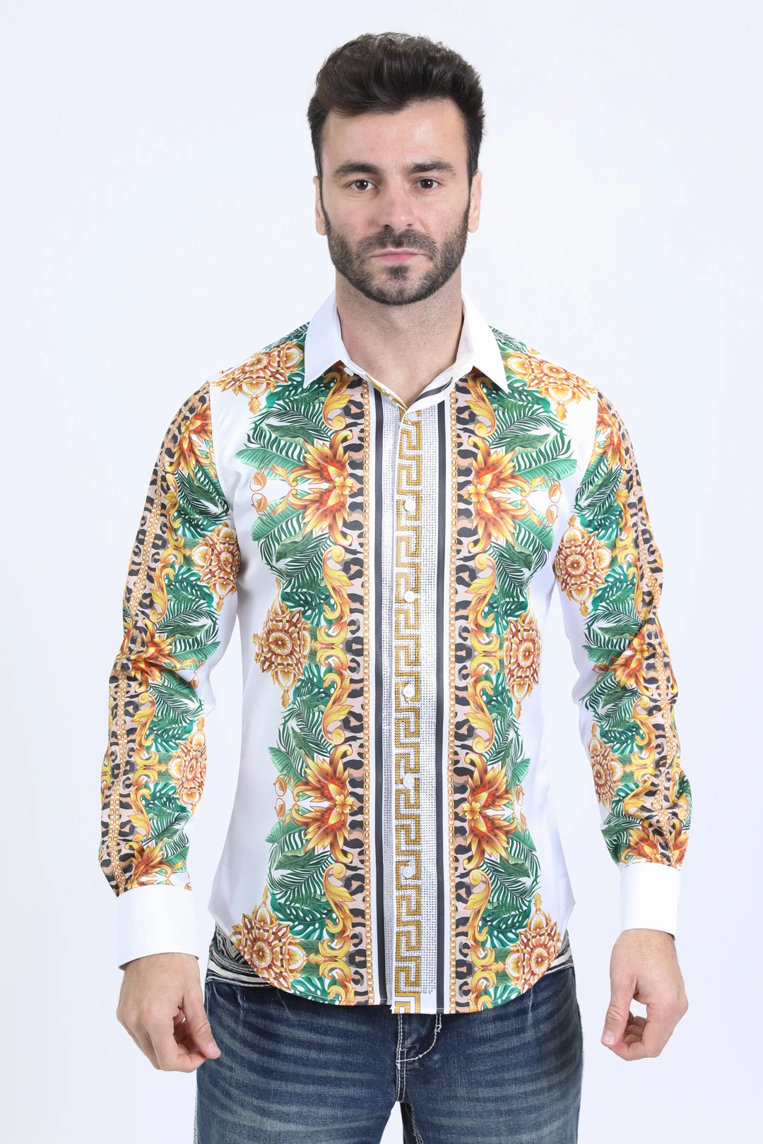Mens Satin Digital Print White Shirt with Rhinestones Applique Comfy Wear