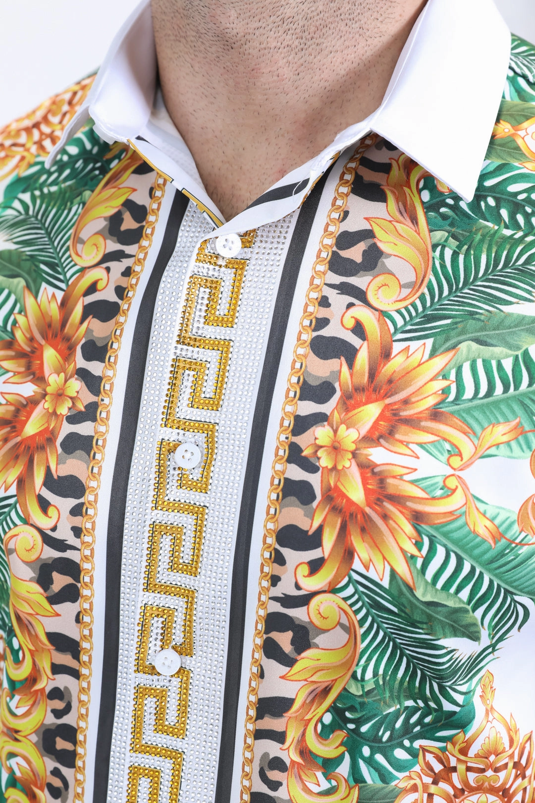 Mens Satin Digital Print White Shirt with Rhinestones Applique Unisex Option Travel Friendly