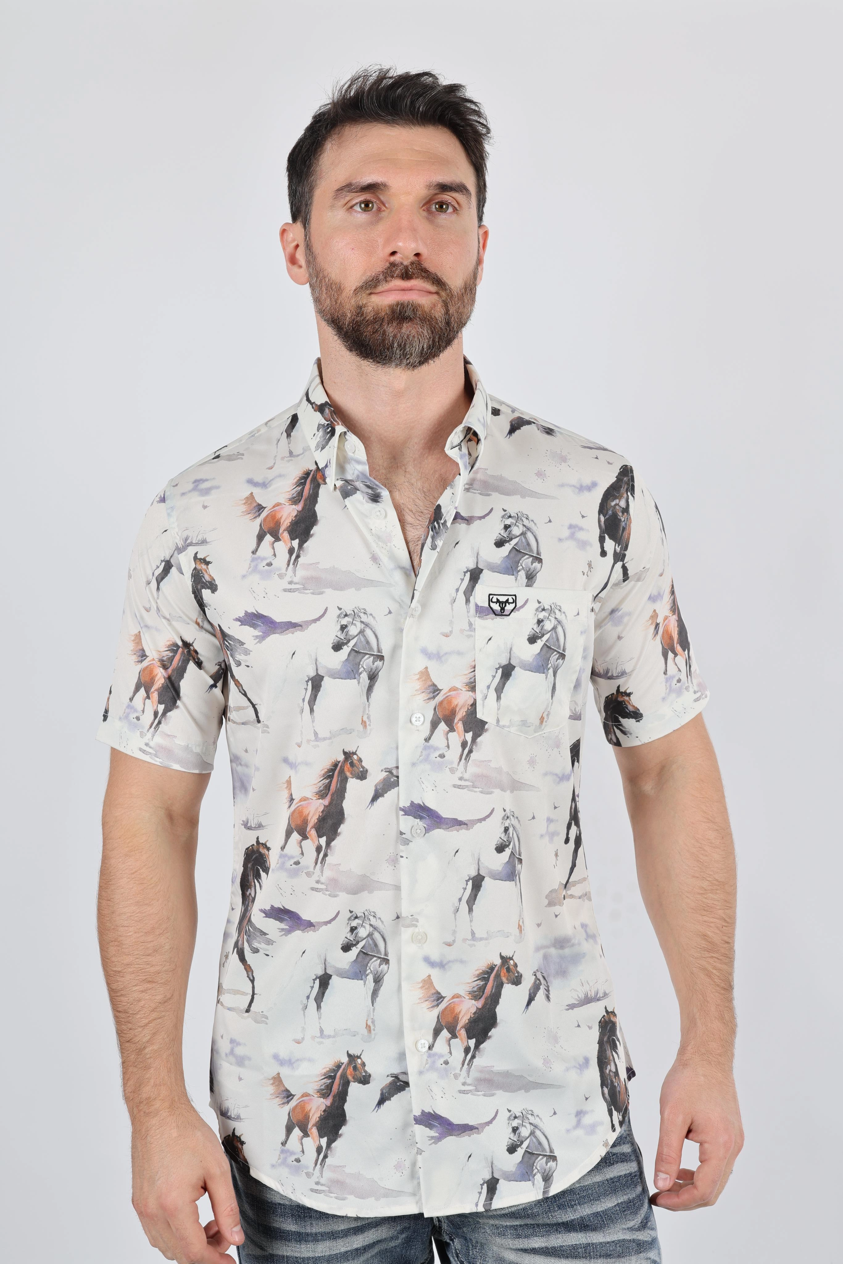 Trendsetter Choice Winter Retreat Mens Short Sleeve Modern Fit Stretch Wild Horses Print Shirt