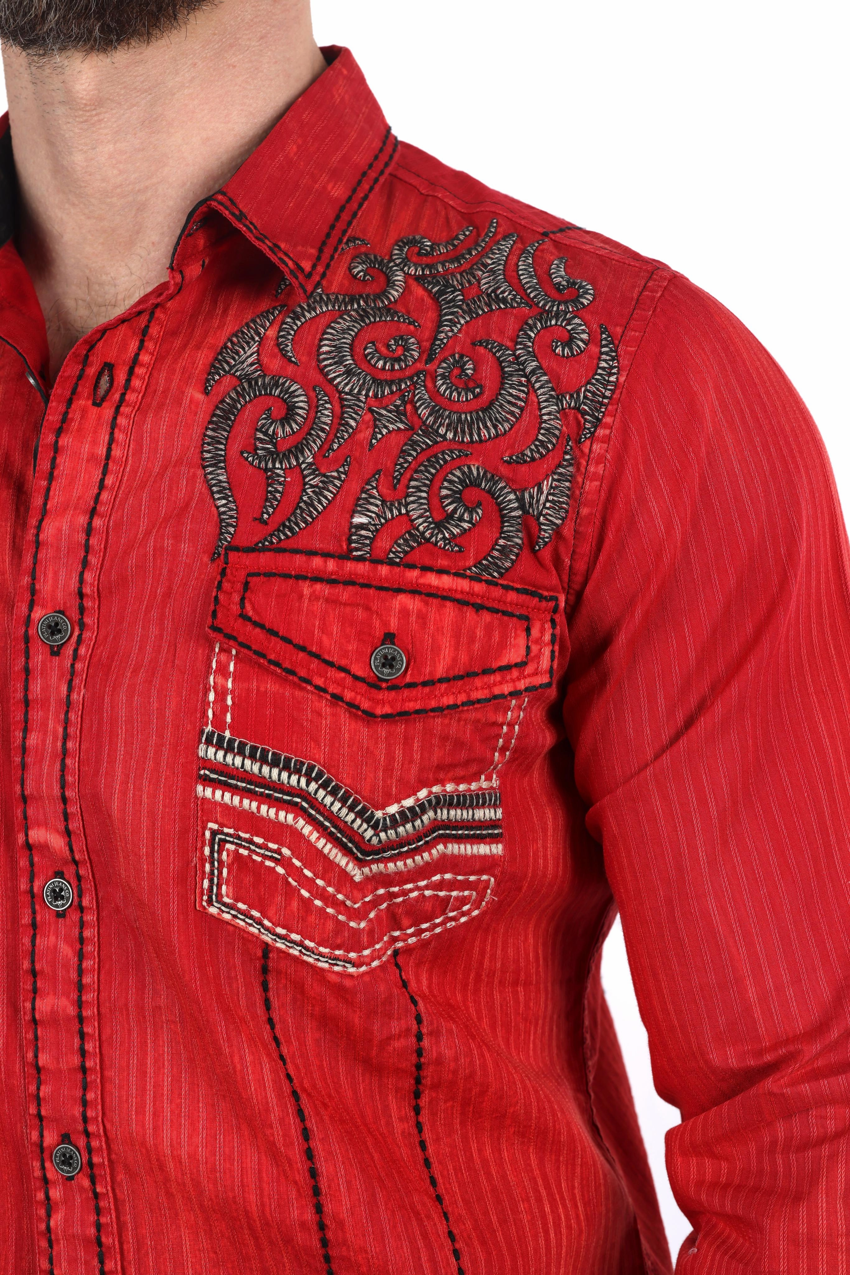 Mens Vintage Washed 2-tone Embroidery Modern Fit Stretch Shirt Gym Companion Smooth Cotton Blend