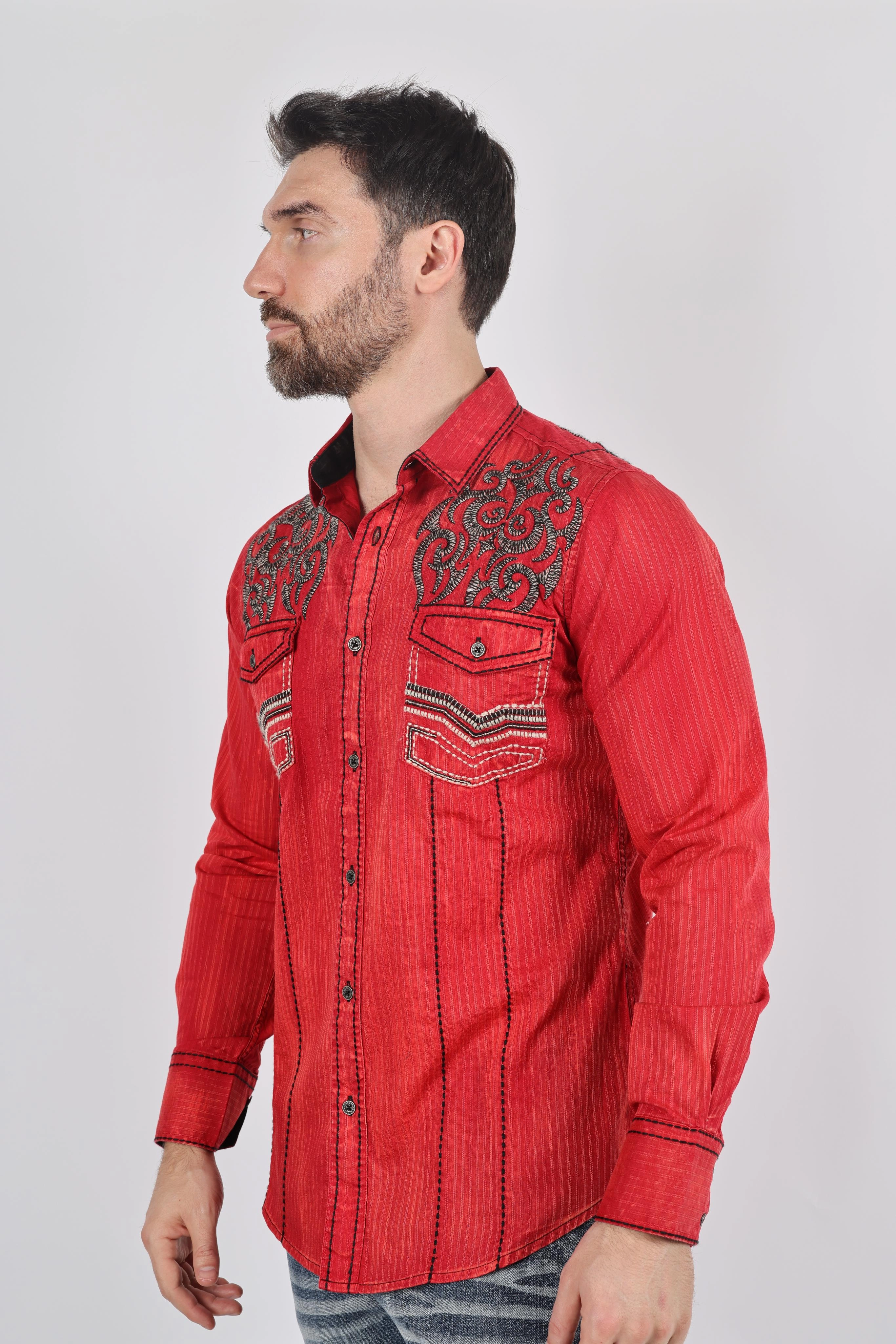 Graduation Attire Mens Vintage Washed 2-tone Embroidery Modern Fit Stretch Shirt