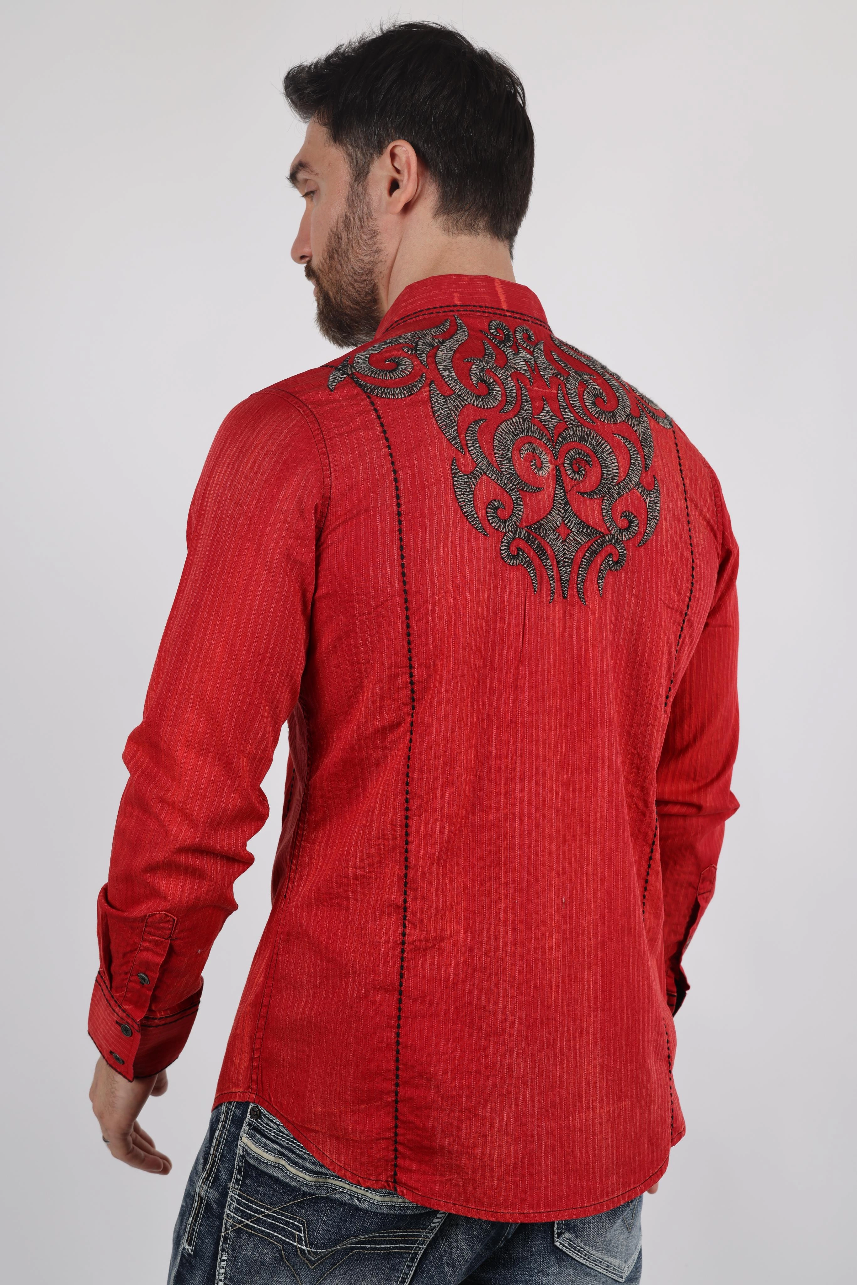 Mens Vintage Washed 2-tone Embroidery Modern Fit Stretch Shirt Classic Look Cultural Inspired