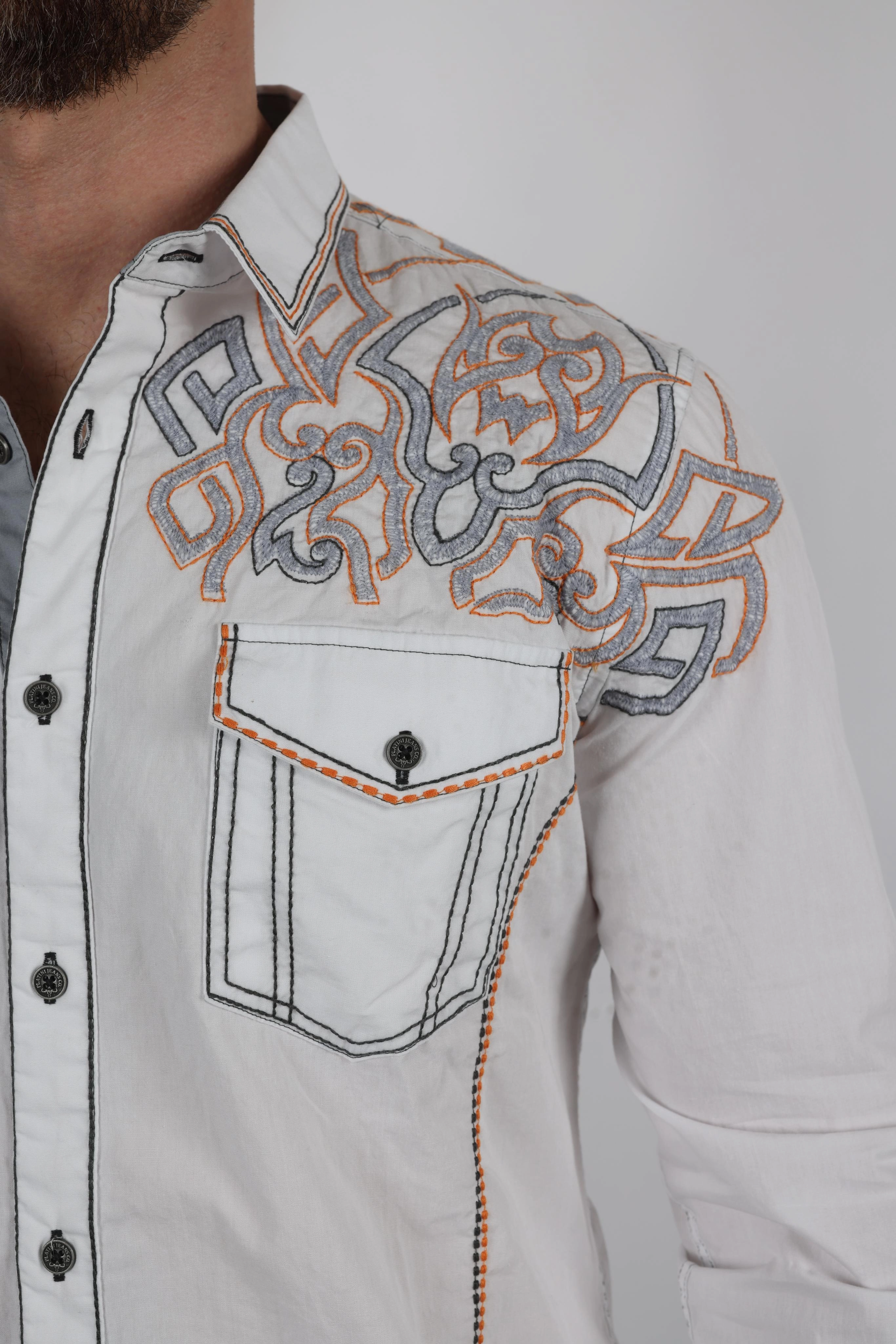 Mens Vintage Washed 2-tone Embroidery Modern Fit Stretch Shirt Layered Design Elegant Finish
