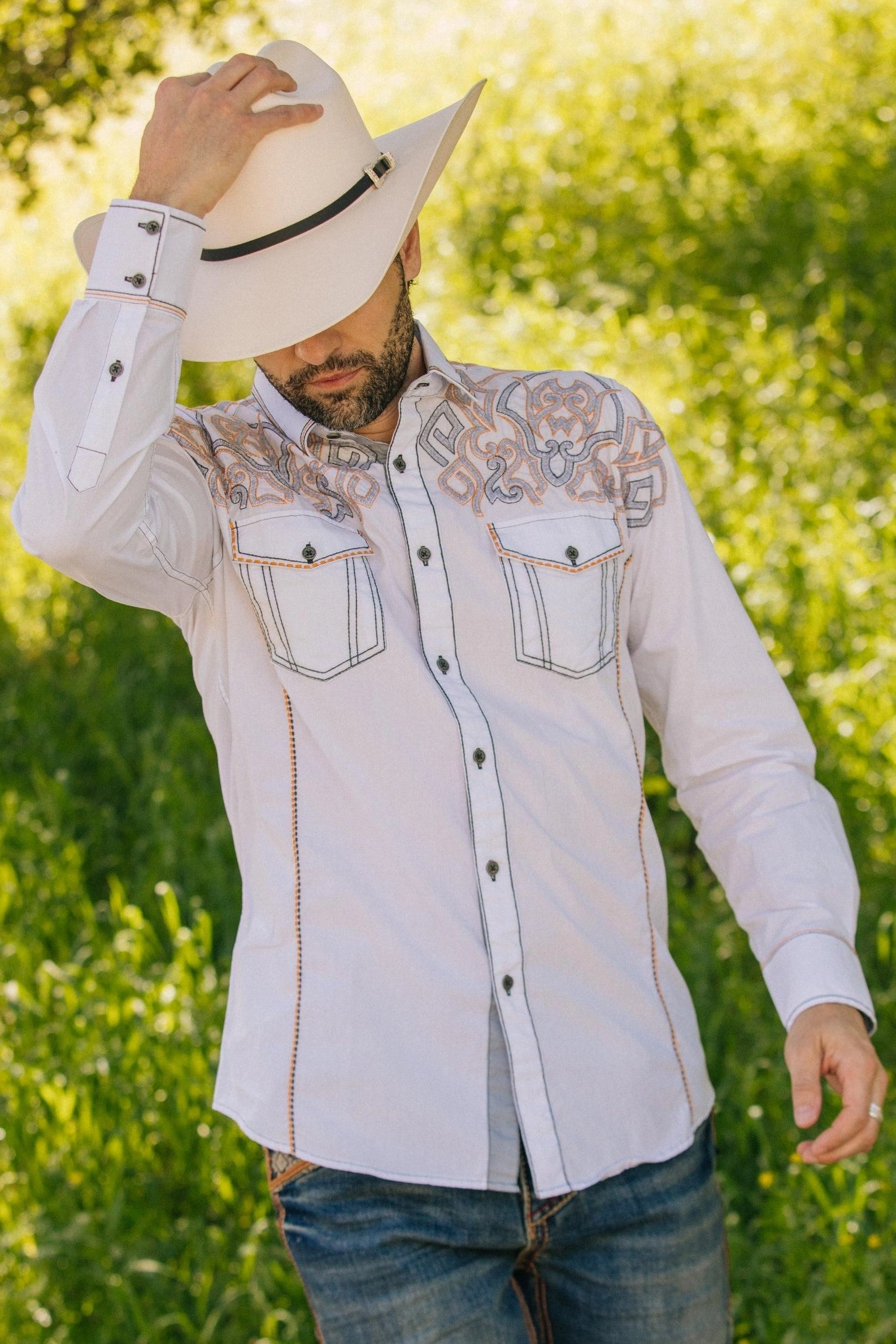 Military Inspired Networking Session Mens Vintage Washed 2-tone Embroidery Modern Fit Stretch Shirt