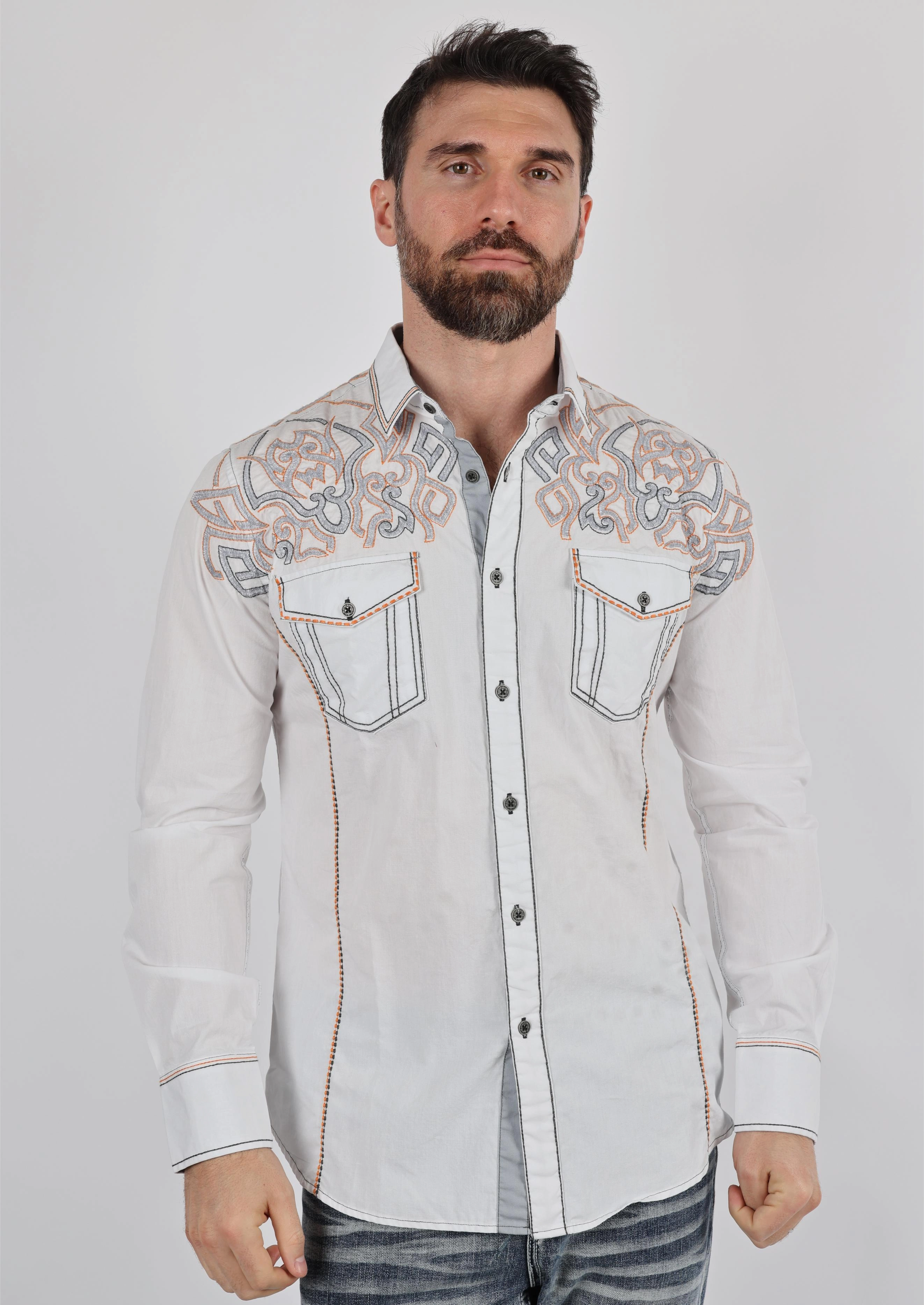 Mens Vintage Washed 2-tone Embroidery Modern Fit Stretch Shirt Plaid Design gender-neutral