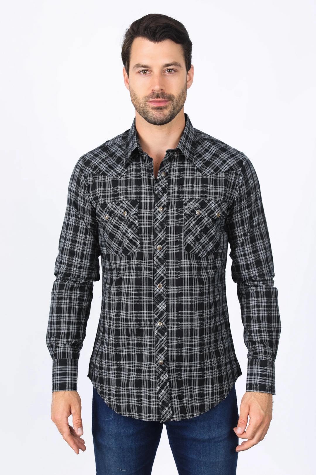 Double Needle Hemming Mens Western Checkered Black Long Sleeve Shirts