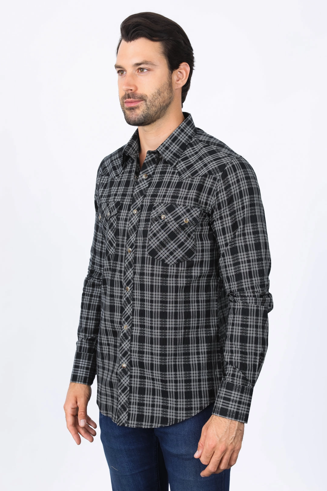 Neutral Tones Moisture Management Tech Mens Western Checkered Black Long Sleeve Shirts