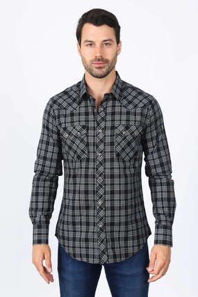 Double Needle Hemming Mens Western Checkered Black Long Sleeve Shirts