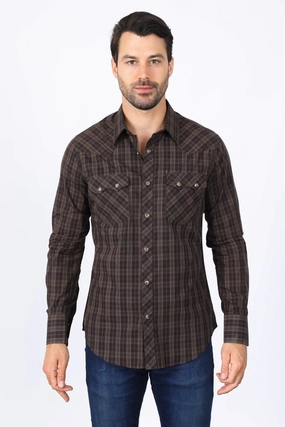Organic Cotton Mens Western Checkered Brown Long Sleeve Shirts