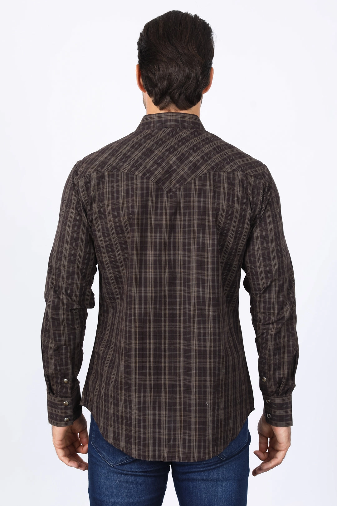 Mens Western Checkered Brown Long Sleeve Shirts Lace Accent Abstract print
