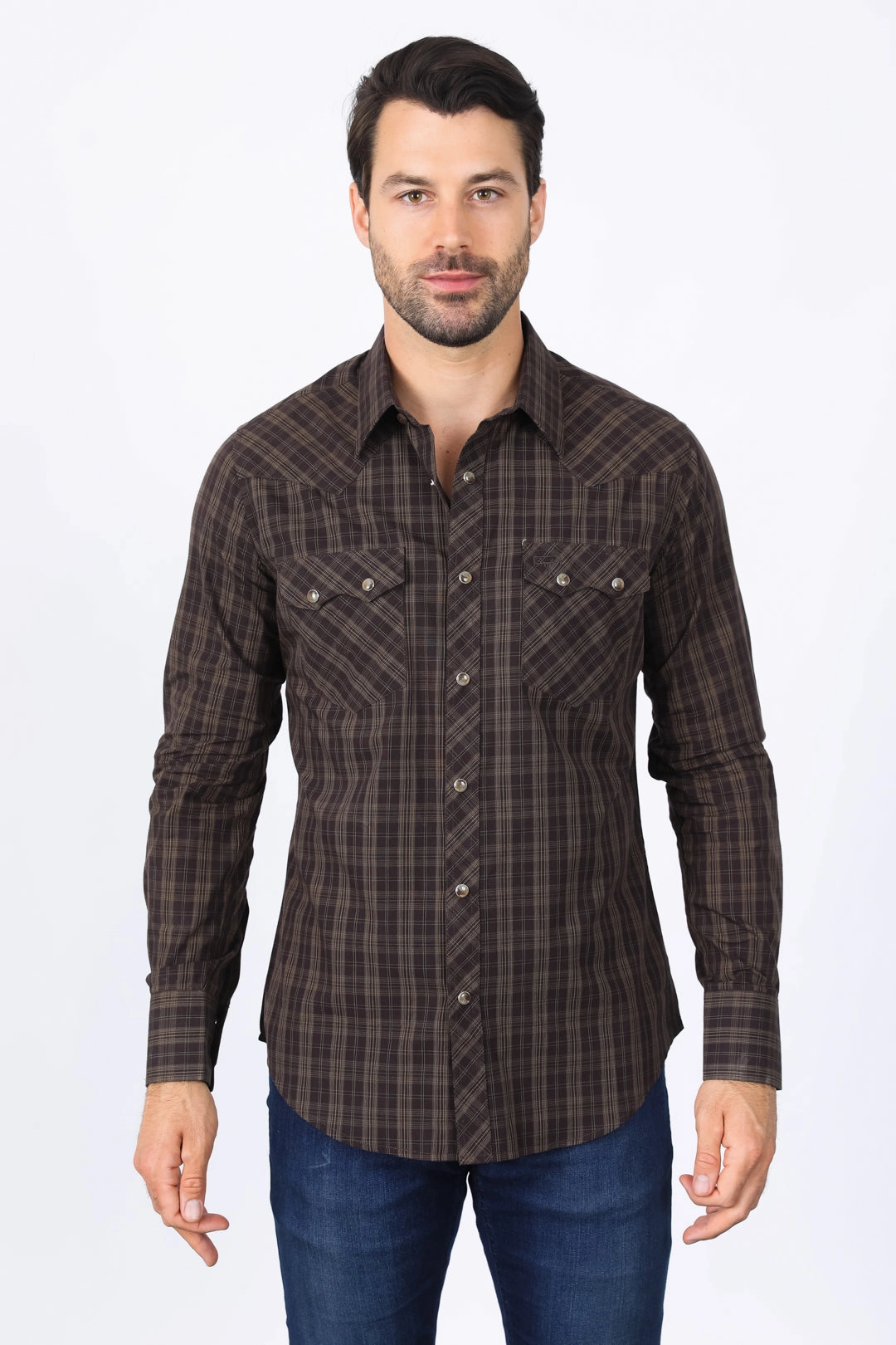 Organic Cotton Mens Western Checkered Brown Long Sleeve Shirts