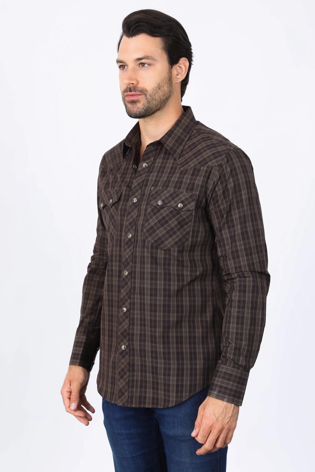 Reinforced Side Vents Mens Western Checkered Brown Long Sleeve Shirts