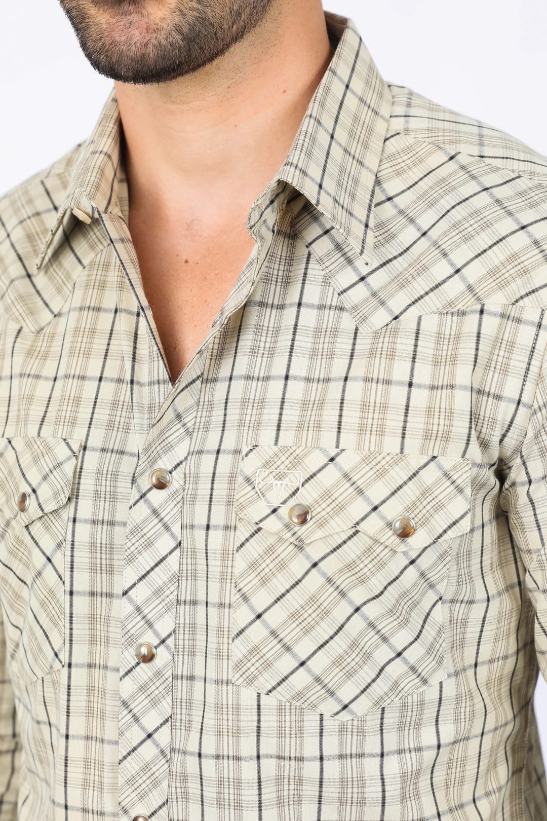 Mens Western Checkered Khaki Long Sleeve Shirts Microfiber Material
