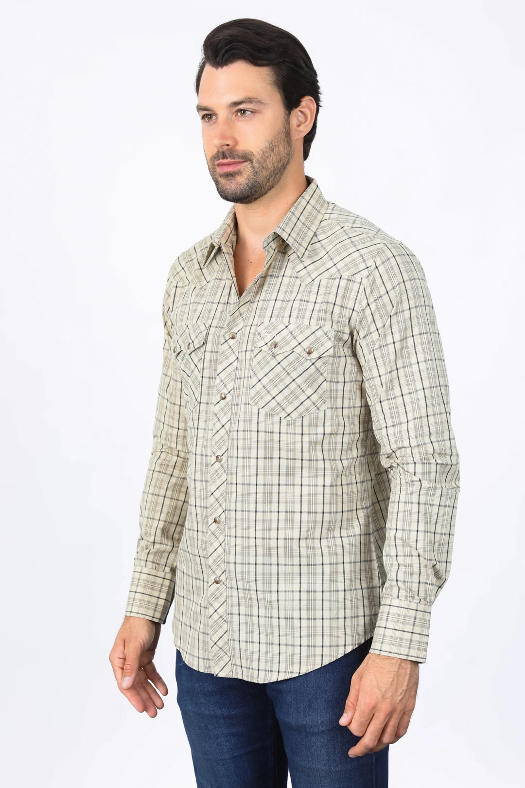 Split hem Reinforced Seams Mens Western Checkered Khaki Long Sleeve Shirts