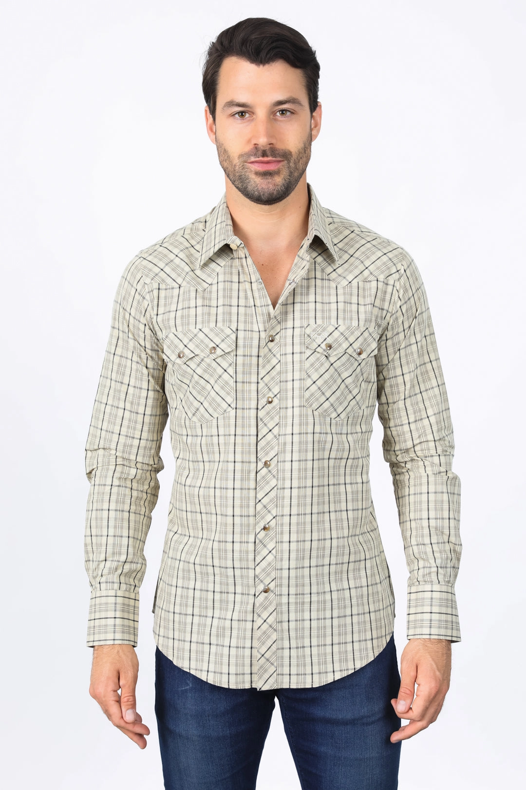 Versatile Clothing Vibrant Colors Mens Western Checkered Khaki Long Sleeve Shirts