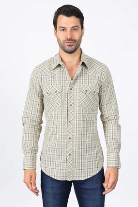 Versatile Clothing Vibrant Colors Mens Western Checkered Khaki Long Sleeve Shirts
