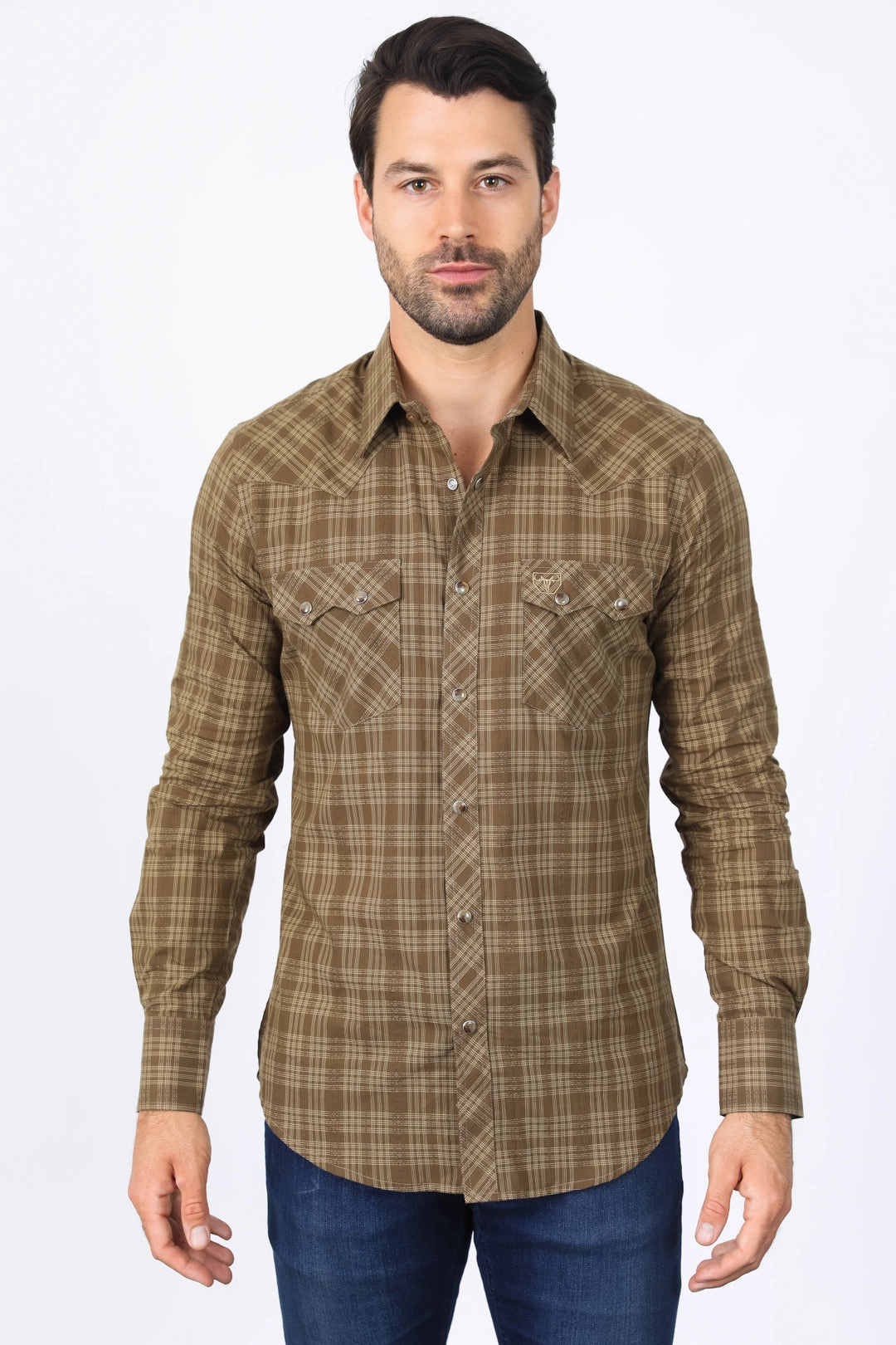 Anti Static Finish Trendy Fit Mens Western Checkered Light Brown Long Sleeve Shirts